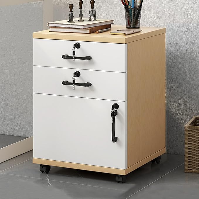 File Cabinet with Lock and Drawer 2-Drawer Vertical Filing Cabinet with Doors Mobile Under Desk Storage Cabinet with 360° Swivel Wheels for Legal/Letter/A4 Documents(Wood Color+White)