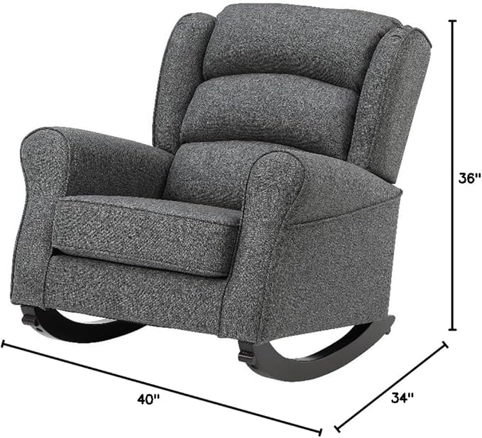 Pemberly Row Upholstered Fabric &amp Wood Rocking Chair Gray Finish 36 H x 40 W x 34 D Pocket Coil Seat Wooden Legs Rolled Arms Channel Back Living Room Seating