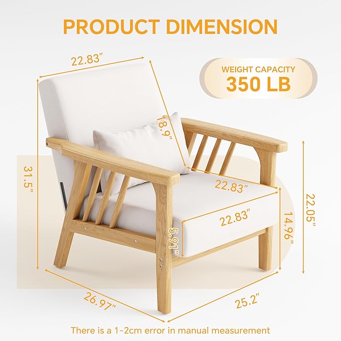 Solid Wood Accent Chair Mid-Century Modern Lounge Armchairs Fabric Upholstered Soft Comfy Living Room Chairs with Armrest Waist Cushion Pillow for Office Reading Waiting Room (Natural)