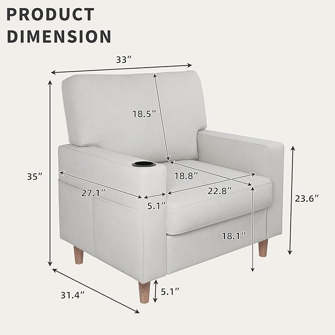Actinidia Oversized Accent Chair with Cup HoldersMid Century Modern Upholstered Living Room ChairHigh Back Single Sofa ChairReading Armchair for Bedroom Apartment Waiting Room Office White