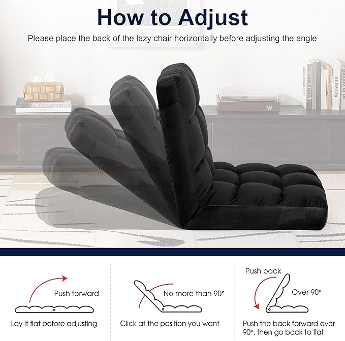 Floor Chair 24 inches Wide Oversized Velvet Armless Lay Flat Floor seat Padded Meditation Chair with 6 Adjustable Position Ergonomic Comfortable Convenient(LRSF-016-BLACK)