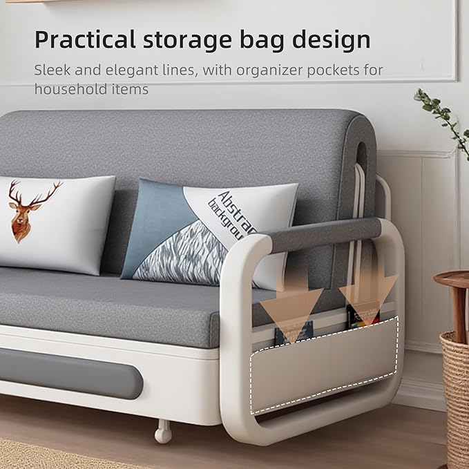 Full Size Pull-Out Sofa Daybed with Trundle Versatile Futon Couch with Sleeping FunctionMetal armrest and Storage Space for Small Rooms and Living Rooms59.84
