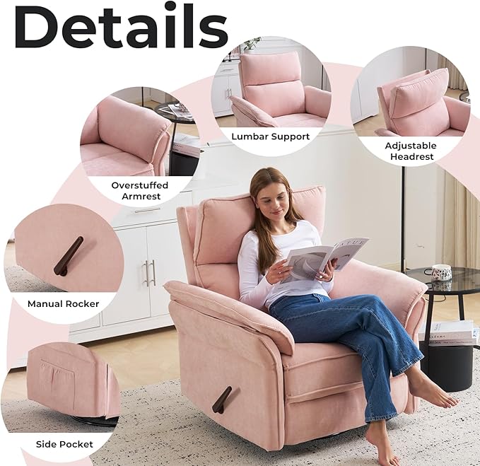 Oversized Recliner Chair 26 Extra Wide 360° Swivel Rocker Recliner with Adjustable Headrest Chenille Glider Rocking Nursery Chair with Overstuffed Armrest Lumbar Support Pink