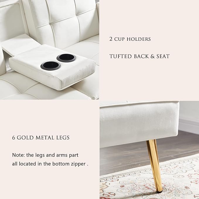 Velvet Futon Sofa Bed with Cup HolderVelvet Small Loveseat Sleeper Bed Modern Folding Sleeper Couch with 2 Pillows and 6 Gold Metal Legs for Living Room. (Off-White)