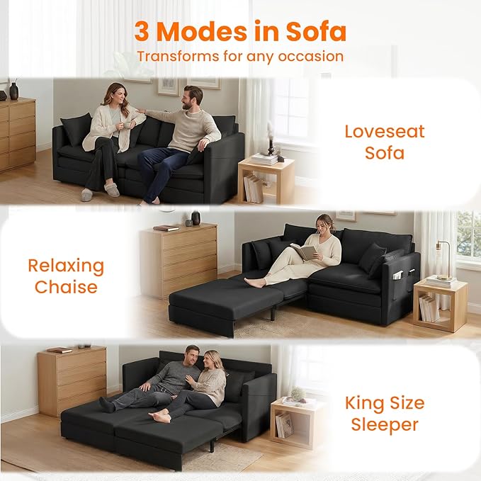 CECER 78 King Size Pull Out Sofa BedIce Velvet Pull Out Couch with Side Pocket3-in-1 Convertible Sleeper Sofa with 4 Pillows for Small Space/Living Room/Bedroom（Black）