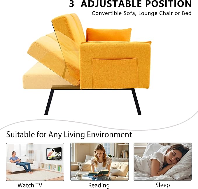70 Convertible Sofa Bed Modern Futon CouchAdjustable Backrest Cotton Linen with Cup Holders and 2 Throw Pillows Sleeper Sofa for Living Room Apartment Small Space (Yellow)