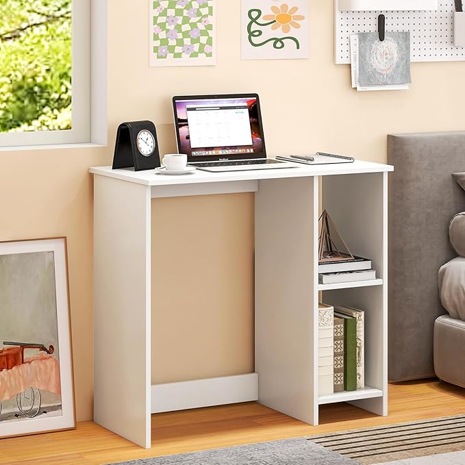 White Computer Desk Modern Writing Desk with Storage Shelves Compact Gaming Table Wood Home Office Desks Small Desk for Bedroom Living Room Study (White)