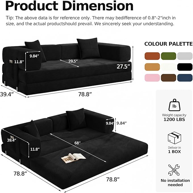 78.8 Boneless Sleeper Sofa BedConvertible Futon Couch with Storage Pocket and 2 PillowsModular Corduroy Sofa for livingroomSmall speaceBlack