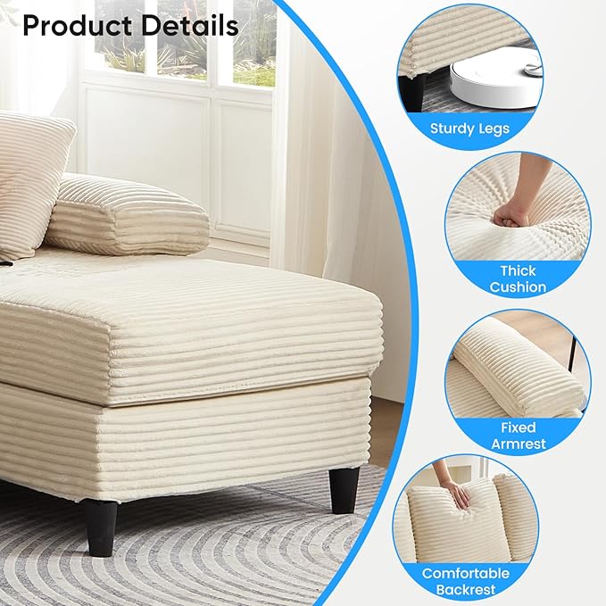 Mjkone 112 Width 4 Seater U Shaped Sofa Couch with Double Chaises Corduroy Sectional Living Room Sofa Couches with Sleepable Armrest Sleeper Sofas Couches Set for Living Room Sets Furniture Beige