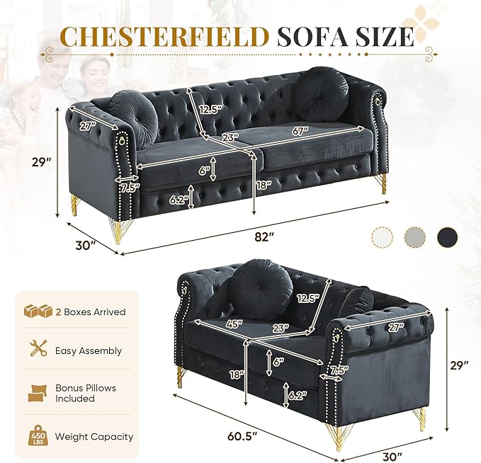 2 Pieces Chesterfield Sofa Set 2 &amp 3 Seater Comfy Tufted Velvet Couch with Rolled Arms &amp Pillows Mid Century Modern Couch and Loveseat Sets Retro Gold Couches Living Room Furniture (Black)