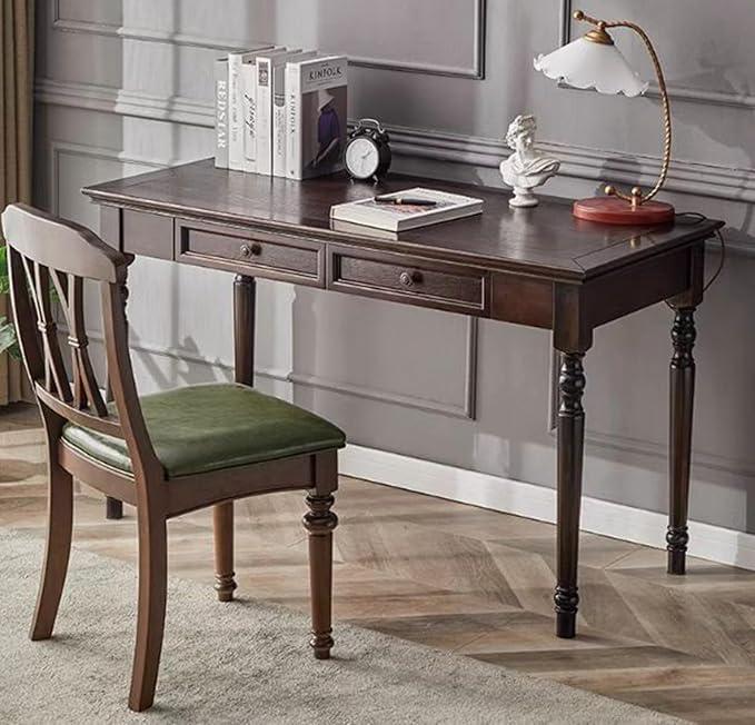 French Country Style Writing Desk35''Solid Wood Farmhouse Computer Table with DrawersSolid Wood Vanity Dressing Desk Simple Style for Home Office Study Bedroom (Walnut 47in)
