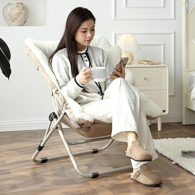 Welnow Comfy Saucer Chair Oversized Folding Reading Chair for Adults with Throw Pillow Soft Faux Fur Lounge Chair for Bedroom Furry Accent Chair for Living Room Dorm Rooms Beige