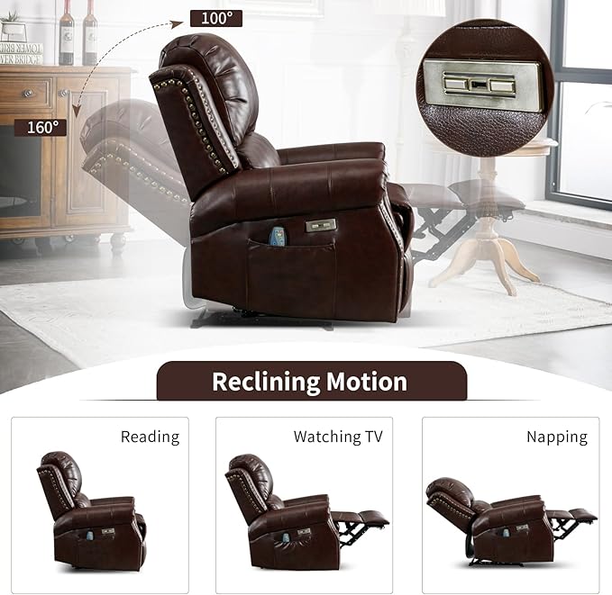 Classic Power Recliner Chair Set of 2 with Massage and Heat Breathable Faux Leather Electric Recliner with USB Port Overstuffed Reclining Sofa with Rivets for Living Room Caramel Brown
