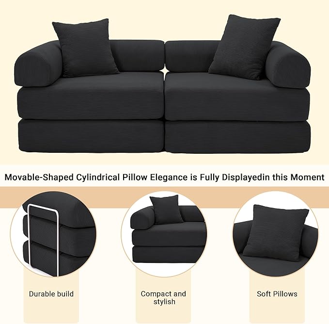 73 Convertible Sleeper Sofa Bed Corduroy Boneless Couch in a Box 4-in-1 Folding Mattress Loveseat Couch Comfy Modular Foldable Floor Sleeper Sofa with 2 Pillows and Fixed-Shape Frame (Black 73)