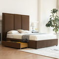 YUHUASHI Queen Size Bed Frame with 64-inch High Headboard Simple and Airy Linen Upholstered Platform Bed with Storage Drawers Wood Slat No Noise (Brown Queen)