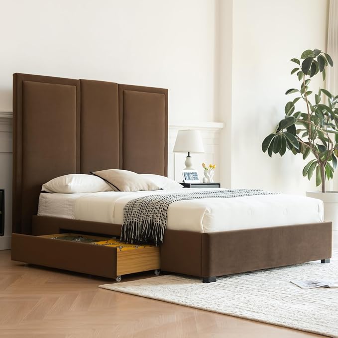 YUHUASHI Queen Size Bed Frame with 64-inch High Headboard Simple and Airy Linen Upholstered Platform Bed with Storage Drawers Wood Slat No Noise (Brown Queen)