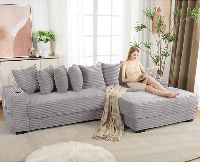 111 Inch Sleeper Sofa Bed | Convertible Cloud Sectional Couches for Living Room | L-Shaped Couch with Cup Holder Side Pocket 8 Pillpws | Light Grey