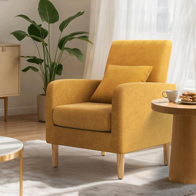MoNiBloom Accent Chair with Back Pillow Upholstered Club Arm Chair Modern Living Room Chair with Wooden Legs for Bedroom Corner Living Room Reading Nook Yellow