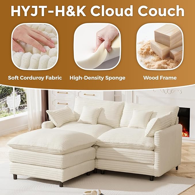 HYJT-H&ampK 74 L Shaped Cloud Couch Modular Small Sectional Couches for Living Room Small Spaces Comfy Fluffy Corduroy Cloud Loveseat with Ottoman 3 Seat Sectionals Sofa White