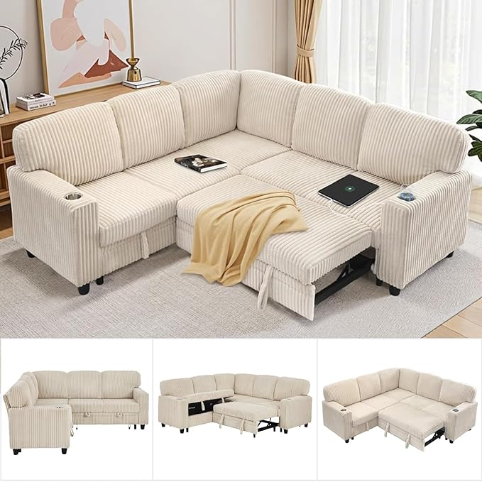 81 Modular Sectional Sofa L Shaped 5-Seater Sleeper Sofa with Pull Out Bed Hidden Storage Cup Holders &amp USB Charging Ports Sectional Couches for Living Room Corduroy Beige