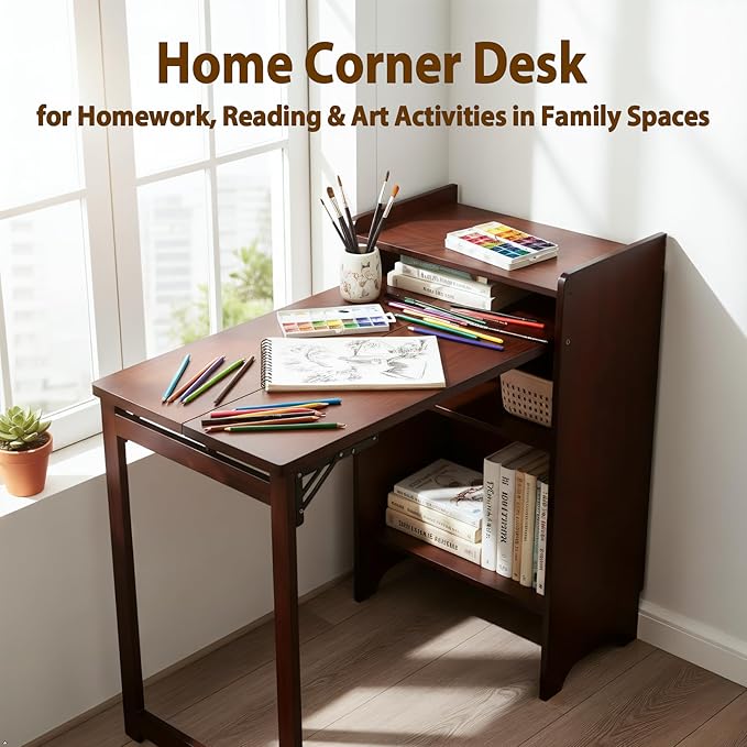 Bamboo Folding Desk with Storage Mid Century Fold Out Table Space Saving Foldable Desk for Small Spaces Multi-Functional Computer Desk for Home Office Bedroom Apartment &amp Dorm