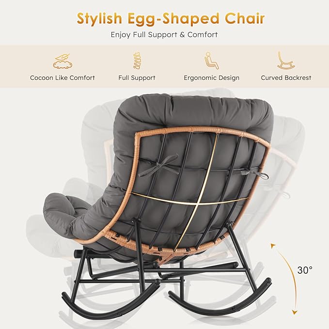 GarveeHome Indoor Papasan Rocking Chair Rattan Rocker with Extendable Footrest &amp Detachable Polyester Cushion 352lbs Sturdy Large Reading Lounge for Indoor Bedroom Living Room Dark Grey