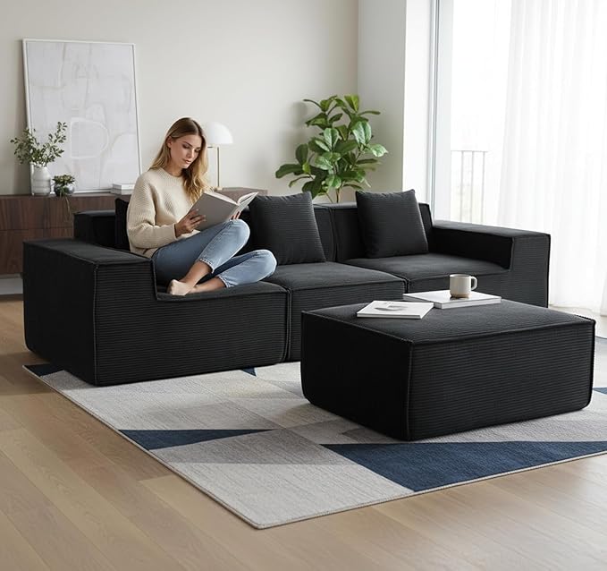 Harper Convertible Corduroy Sectional Couch with Ottoman &amp Pillows Modular L Shaped Sleeper Sofa Boneless Cloud Couch for Living Room Furniture Black