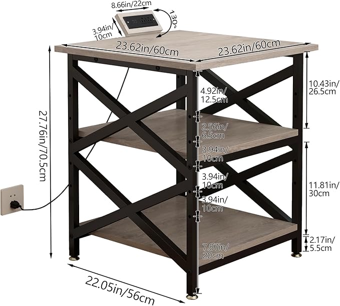 Large Printer Stand with Power Outlet with Height Adjustable Storage Shelf 3 Tier Rolling Printer Cart with Industrial Wheels 23.6 x 23.6 Inches Printer Table for Home Office Greige