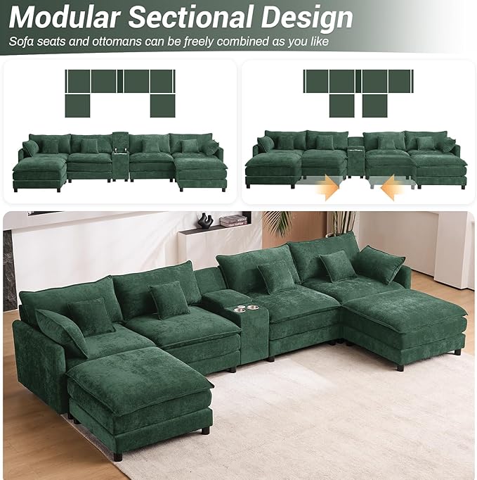 145 Oversized Modular Sectional Sofa U Shaped Cloud Couch 6 Seat Sofa Set for Living Room Comfy Fluffy Chenille Deep Seat with Storage Central Console Movable Ottomans Cup Holders USB Ports Green