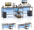 Giantex 94.5” 2 Person Desk with LED Lights Long PC Study Desk with Storage Shelves Power Outlets Keyboard Tray &amp Monitor Stand Double Computer Desk Workstation for Home Office (Rustic Brown)