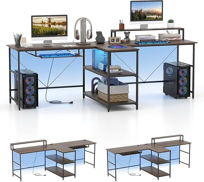 Giantex 94.5” 2 Person Desk with LED Lights Long PC Study Desk with Storage Shelves Power Outlets Keyboard Tray &amp Monitor Stand Double Computer Desk Workstation for Home Office (Rustic Brown)