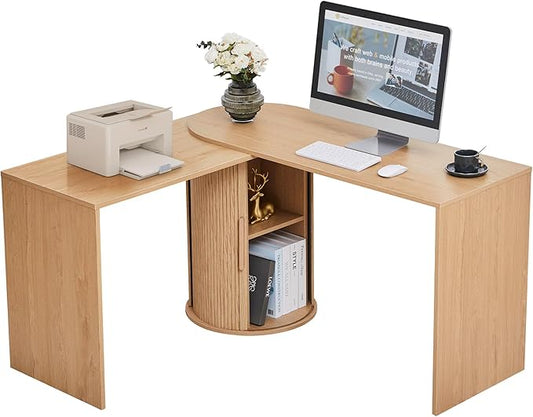 Fluted Computer PC Desk Table with Storage Boho Corner L Shaped Desk with Storage for Small Space Modern Home Office Desk for Bedroom for Writing Executive Study Work - Natural