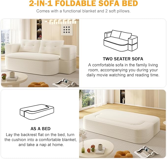 78.7 Convertible Foldable Floor CouchComfy Portable Fold Out Lounge with Functional Blanket and 2 Soft PillowsCorduroy Loveseat CouchSleep Sofa Bed for Living RoomBedroom(Beige)