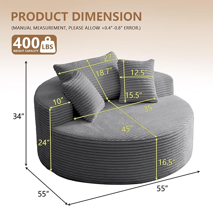 Oversized Round Chair Lounge Chaise Indoor Upholstered Corduroy Deep Seat Cloud Large Circle Sofa Chair No Assembly Required Fluffy Modern Sleeper Sofa Bed for Reading Living Room Dark Gray