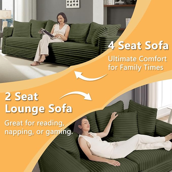 102.4 Oversized Cloud Couch Convertible 4 Deep Seat Foam Sofa Couch 2 in 1 Plush Corduroy Sofa with 6 Soft Pillows Modern Modular Sectional Couches for Living Room Apartment Green