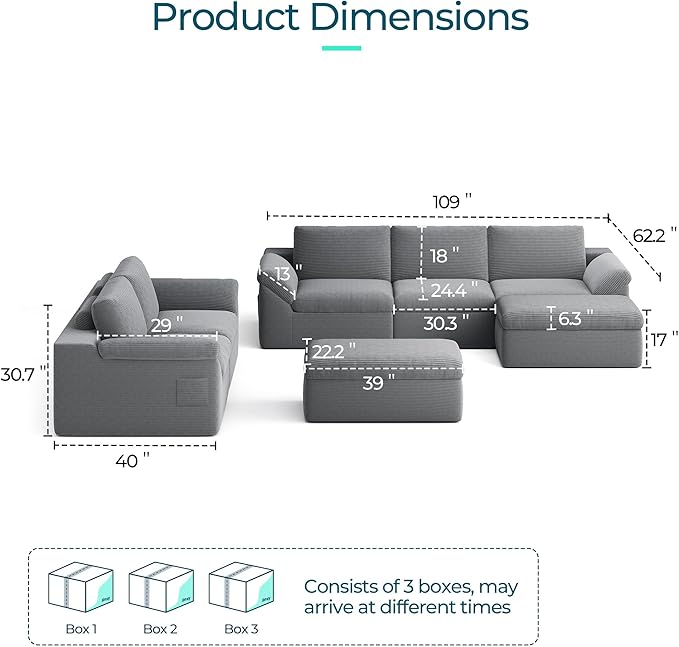 LINSY HOME Modern Boneless Cloud Couch Set with Movable Ottomans Deep Seat Corduroy Secional Sofa Couch Sets for Living Room Apartment Office No Assembly Required Grey