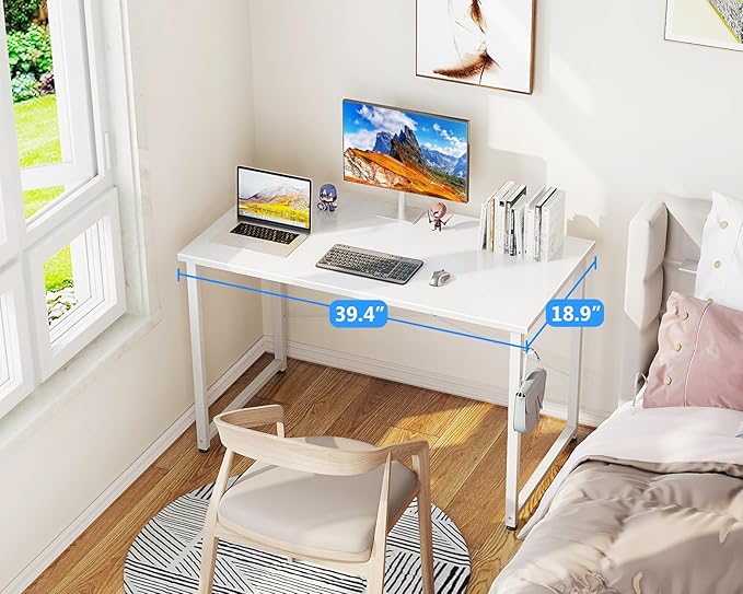Casaottima 40 Inch Small Computer Desk for Home Office Study Writing Table for Small Spaces Simple Modern Desk with Headphone Hooks White