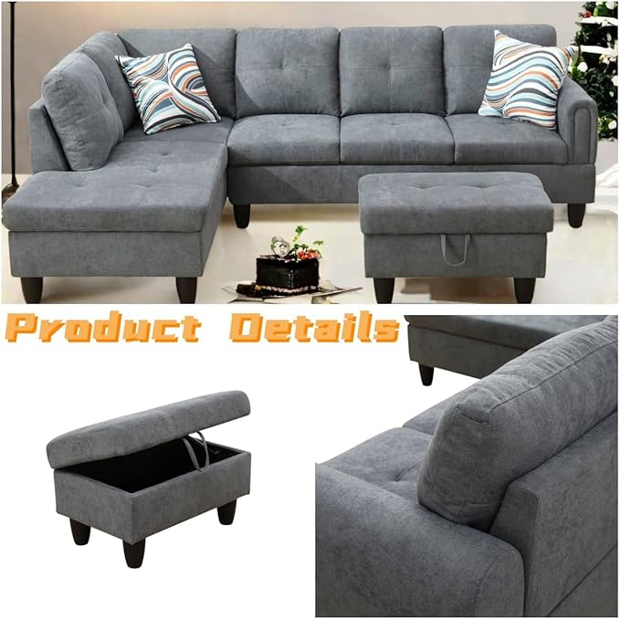 FONTOI L Shaped Sectional Couch with Otttoman 97 Sectional Sofa for Living Room Flannel Modular Couches with Cup Holders for Bedroom Apartments Grey