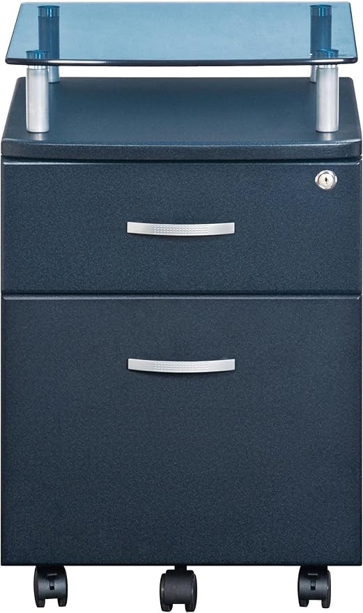 Scranton &amp Co 2 Drawer Wood Mobile File Cabinet Graphite Finish MDF with PVC Laminate Locking Top Drawer Lower File Drawer Glass Top with Steel Supports Carpet Casters 24 in H x 14 in W x 1