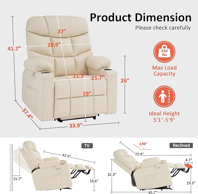 MCombo Power Lift Recliner Chair for Elderly Electric Lift Chair with Extended Footrest USB Ports Cup Holders Faux Leather 7287 (Cream White Medium)