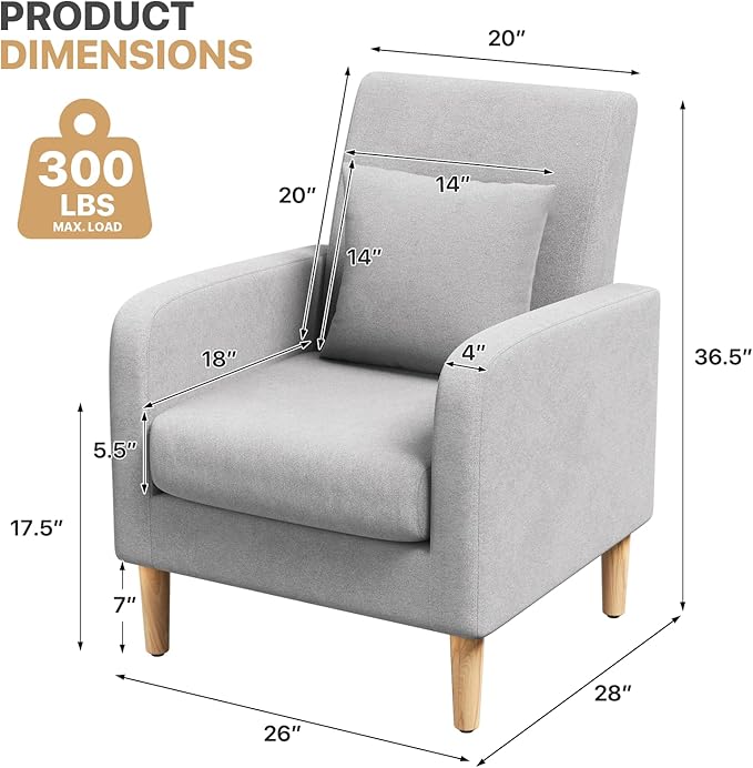 Magshion Mid-Century Accent Chair for Living Room Comfy Reading Chair for Bedroom Upholstered Linen Fabric Armchair Single Sofa with Back Pillow &amp Wood Legs 300 lbs Capacity Gray