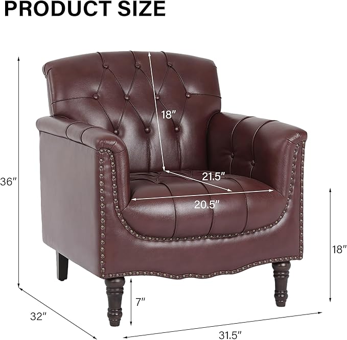 Faux Leather Accent Chair PU Leather Modern Comfy Upholstered Armchair with Wood Legs &amp Nailhead Trim for Living Room Bedroom (RedSet of 2)