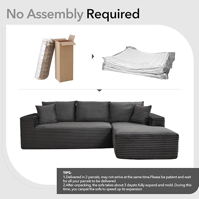 108 Cloud Sectional Couch with L-Shape Chaise Modern Modular Sofa with Deep Seat Boneless Cloud Couches for Living Room Bedroom No Assembly Required Plush Corduroy (Dark Gray Right Facing Chaise