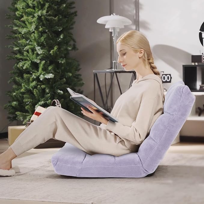 S AFSTAR Cushioned Floor Chair 14-Position Adjustable Padded Lazy Recliner with Comfortable Back Support and Skin-Friendly Cover Great for Reading Playing Game Meditating (Light Purple)