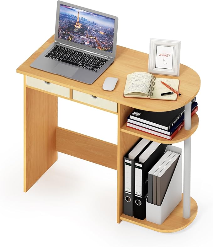Furinno GO GREEN Desk 31.5 Wide Gaming Desk with 2 Side Shelves and Storage Bins Computer Desk Office Desk for Home Office Study Room Dorm Bedroom Beech