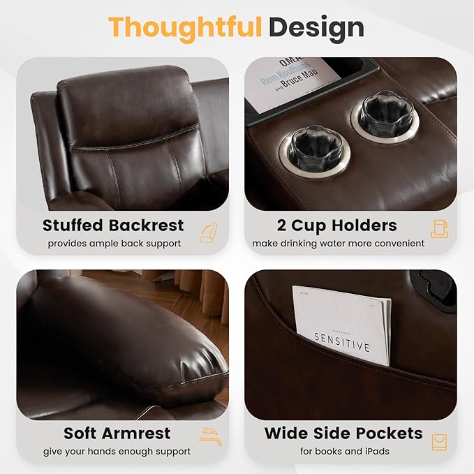 Loveseat Recliner Sofa with Massage &amp Heating Reclining Loveseat with Console RV Wall Hugger Double Loveseat Recliner Couch for Living Room &amp Home Theater (Brown)