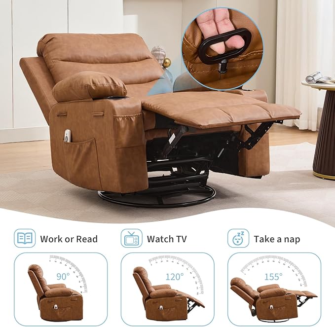 Oversized Swivel Rocker Recliner Chair with Massage &amp Heat 360° Glider with Cup Holders &amp Side Pockets Ergonomic Lounge Sofa for Adults Supports 400 Lbs Perfect for Living Room RV Nurser
