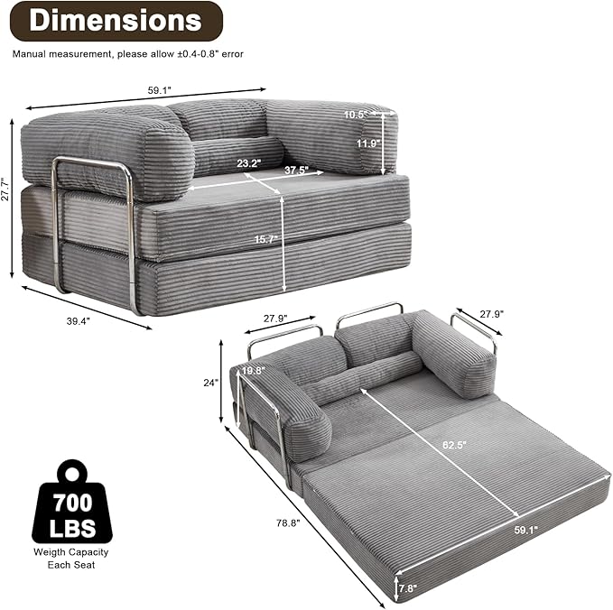 Folding Sofa Bed Convertable Corduroy Couch Convertible Sofa with Fixed-Shape Frame Modular Sectional for Living Room No Assembly Compression Foldable Sleeper (Gray)