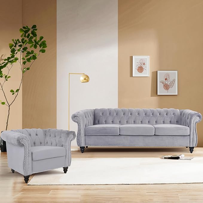 Chesterfield 3 Seater Sofa Sofa Couch with Rolled Arms Tufting Nailhead Trim Large Couch for Living RoomBedroom Office Apartment (Velvet Grey)