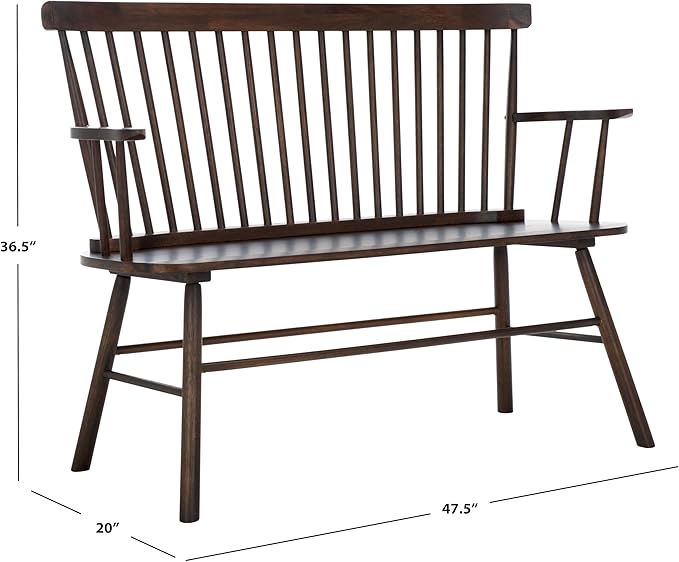 SAFAVIEH Home Collection Addison Farmhouse Dark Walnut Solid Wood Windsor Spindle Loveseat Bench